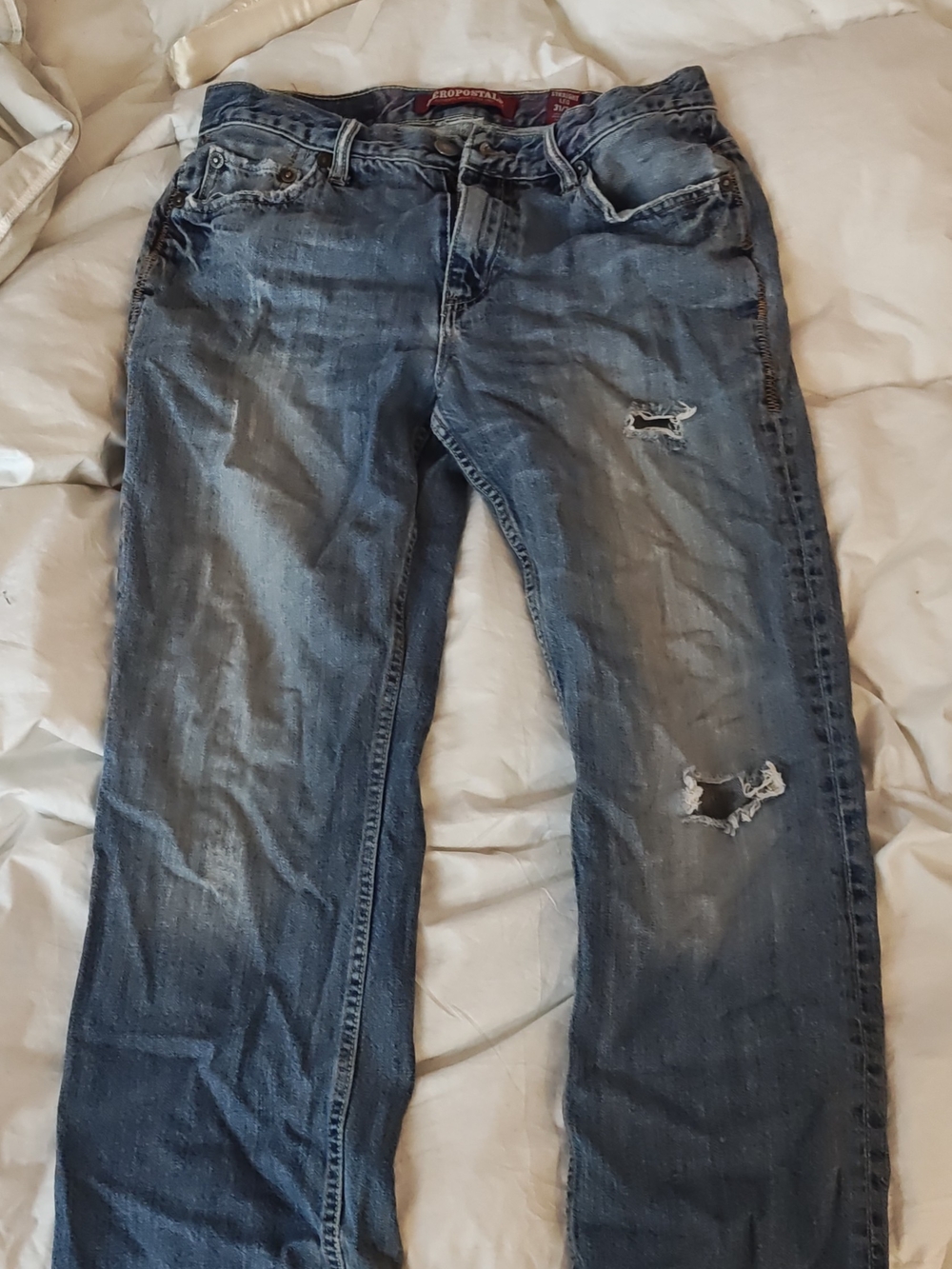 Aeropostale Women's Straight Leg Jeans in Medium Blue with Distressed Details